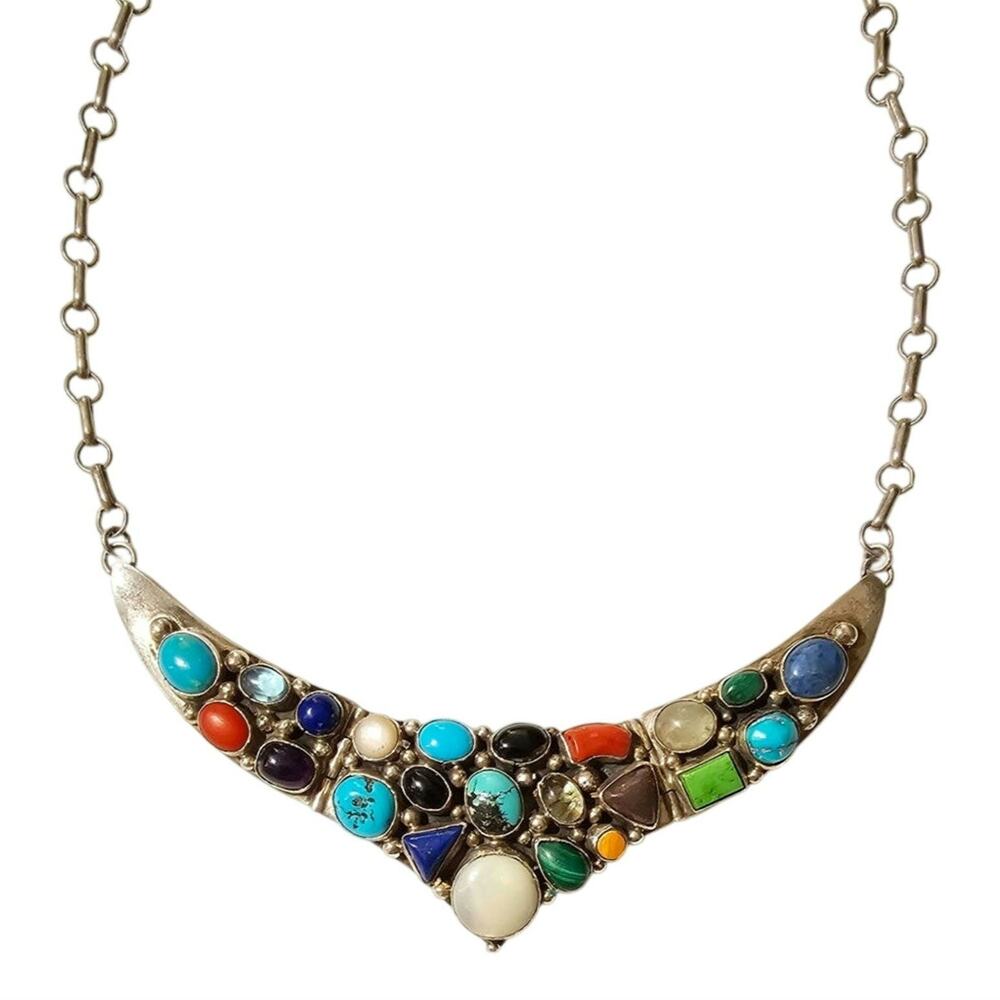 Emer Thompson Signed Navajo Sterling Multi-Stone Statement Collar Necklace 18 In
